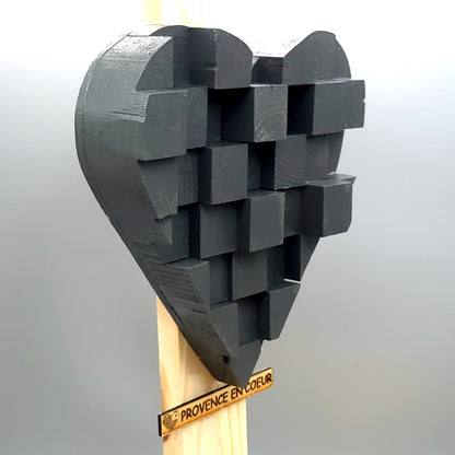 TABLEAU COEUR EN PUZZLES CUBES EN 3D EN BOIS PEINT EN GRIS N°2 - DÉCORATION ARTISANALE, ORIGINALE & UNIQUE