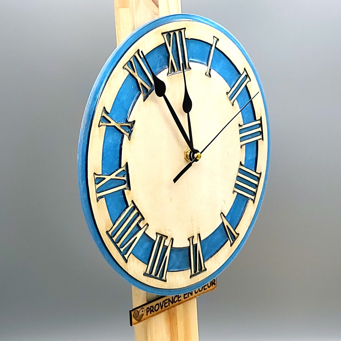 HORLOGE MURALE RONDE BLEUE VINTAGE EN BOIS & RÉSINE - DÉCORATION ARTISANALE, UNIQUE & ORIGINALE