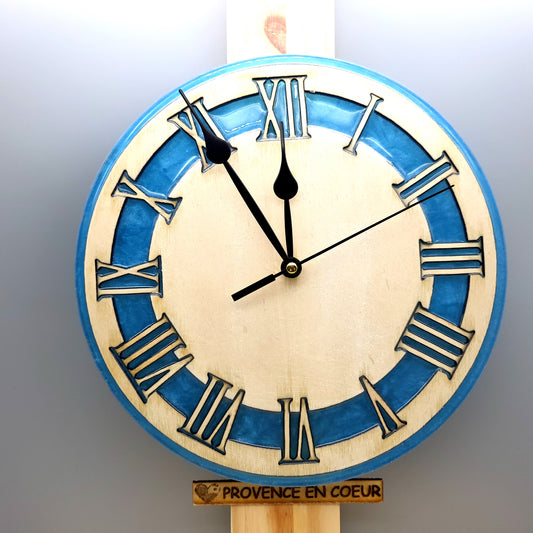 HORLOGE MURALE RONDE BLEUE VINTAGE EN BOIS & RÉSINE - DÉCORATION ARTISANALE, UNIQUE & ORIGINALE