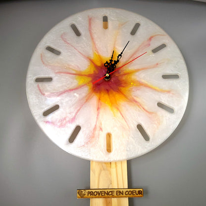GRANDE HORLOGE MURALE RONDE COUCHER DE SOLEIL SUR FOND BLANC NACRÉ EN RÉSINE - DÉCORATION ARTISANALE, UNIQUE & ORIGINALE