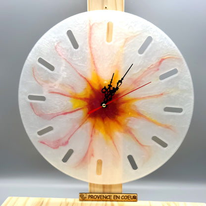 GRANDE HORLOGE MURALE RONDE COUCHER DE SOLEIL SUR FOND BLANC NACRÉ EN RÉSINE - DÉCORATION ARTISANALE, UNIQUE & ORIGINALE
