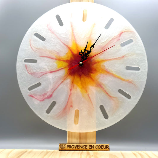 GRANDE HORLOGE MURALE RONDE COUCHER DE SOLEIL SUR FOND BLANC NACRÉ EN RÉSINE - DÉCORATION ARTISANALE, UNIQUE & ORIGINALE