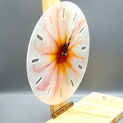 GRANDE HORLOGE MURALE RONDE COUCHER DE SOLEIL SUR FOND BLANC NACRÉ EN RÉSINE - DÉCORATION ARTISANALE, UNIQUE & ORIGINALE