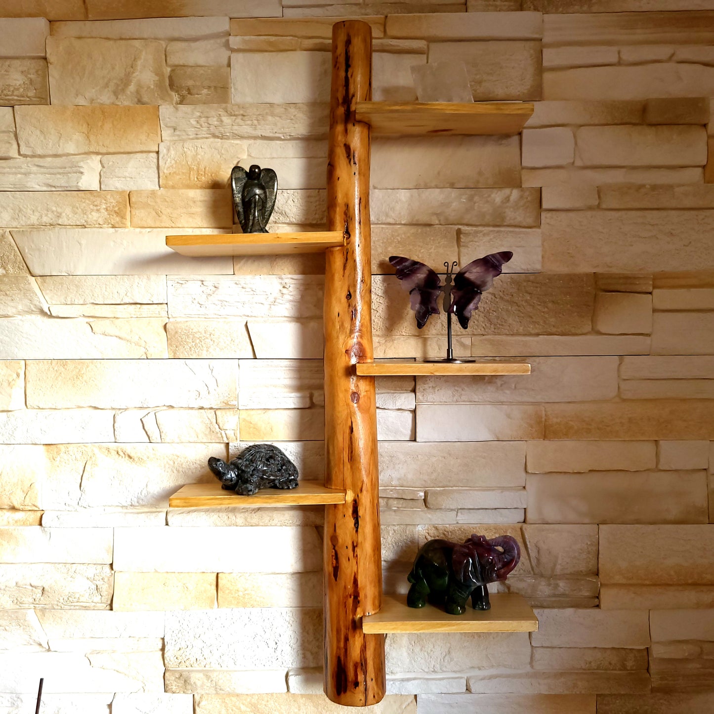 GRANDE ÉTAGÈRE AVEC TRONC EN BOIS DE CADE + 5 TABLETTES DÉCALÉES - MODÈLE ÉCOLO, ARTISANAL, ORIGINAL & UNIQUE