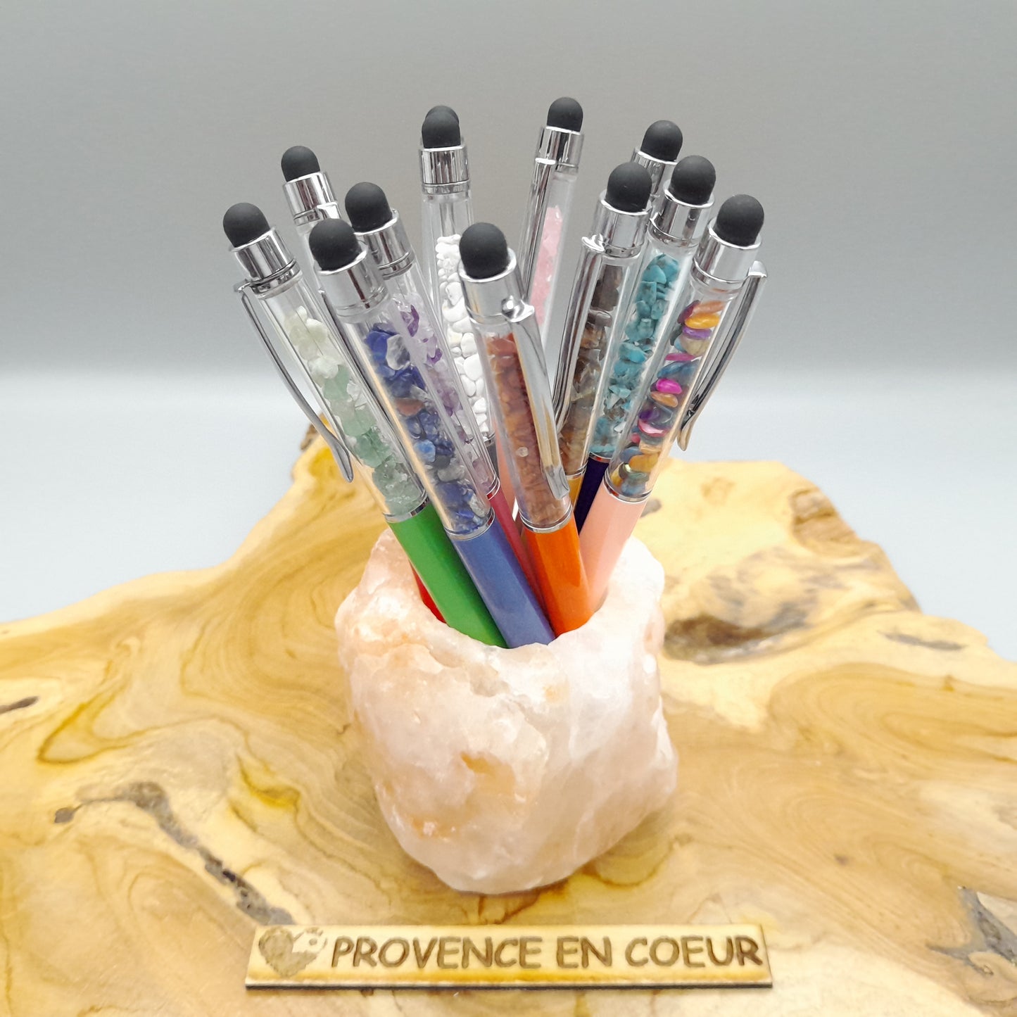 DIVERS STYLOS à BILLES EN PIERRES SEMI-PRÉCIEUSES (base métal argentée) - COULEURS & PIERRES AU CHOIX