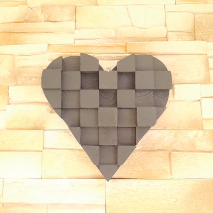 TABLEAU COEUR EN PUZZLES CUBES EN 3D EN BOIS PEINT EN GRIS N°2 - DÉCORATION ARTISANALE, ORIGINALE & UNIQUE
