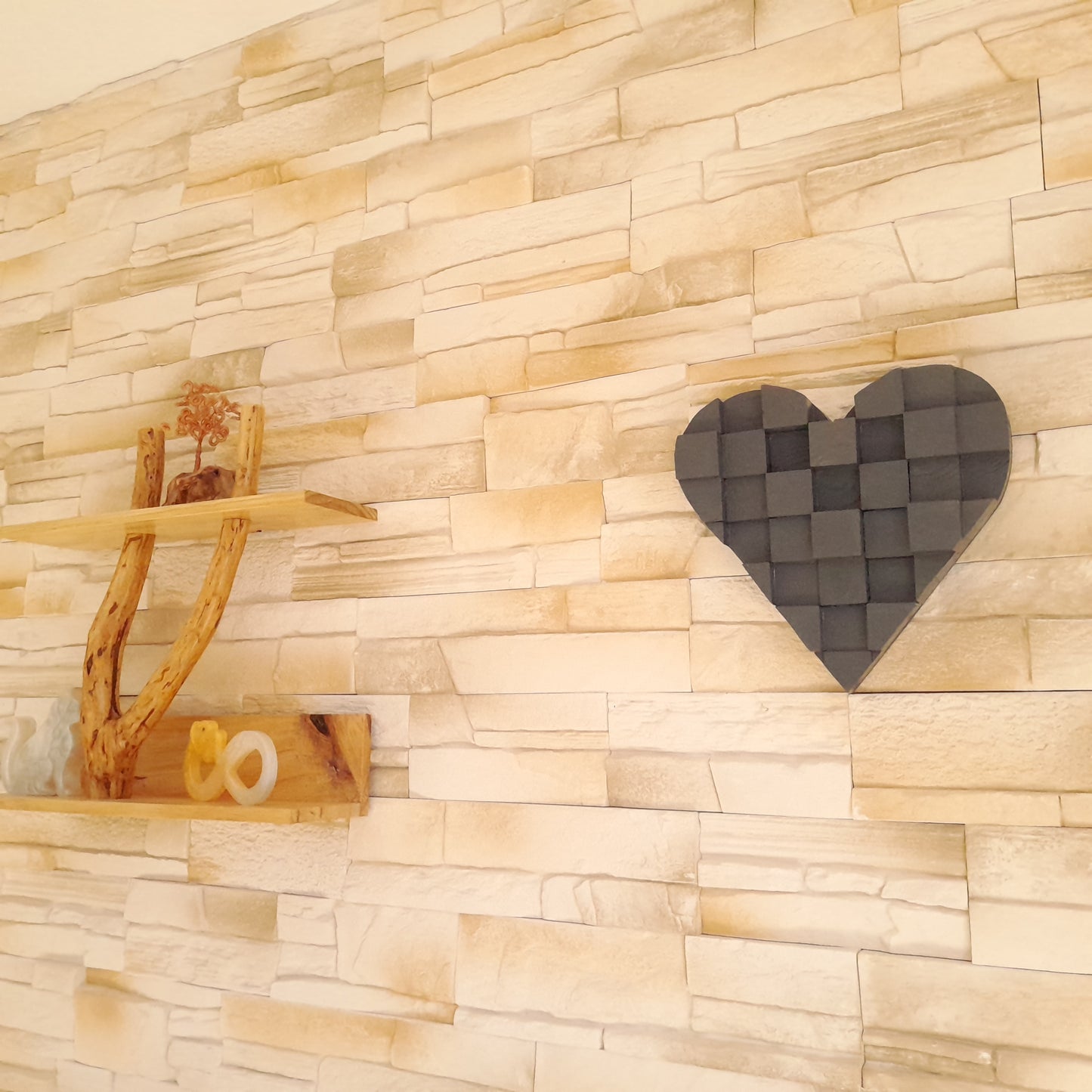 TABLEAU COEUR EN PUZZLES CUBES EN 3D EN BOIS PEINT EN GRIS N°2 - DÉCORATION ARTISANALE, ORIGINALE & UNIQUE