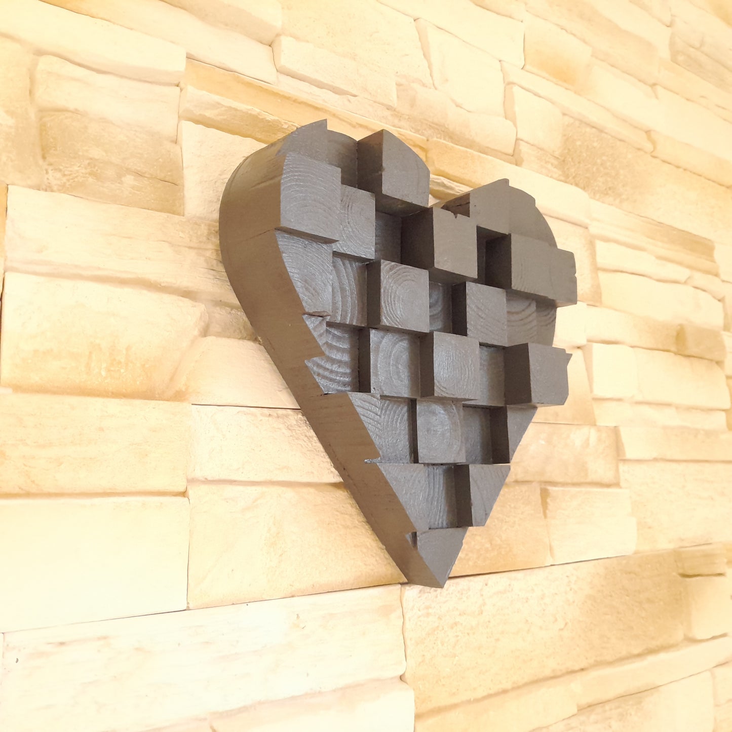 TABLEAU COEUR EN PUZZLES CUBES EN 3D EN BOIS PEINT EN GRIS N°2 - DÉCORATION ARTISANALE, ORIGINALE & UNIQUE