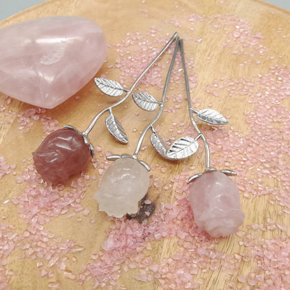 FLEURS " ROSES " SCULPTÉES EN PIERRES DE QUARTZ ROSE, FRAISE et BLANC – DÉCORATIONS ORIGINALES, UNIQUES & ARTISANALES