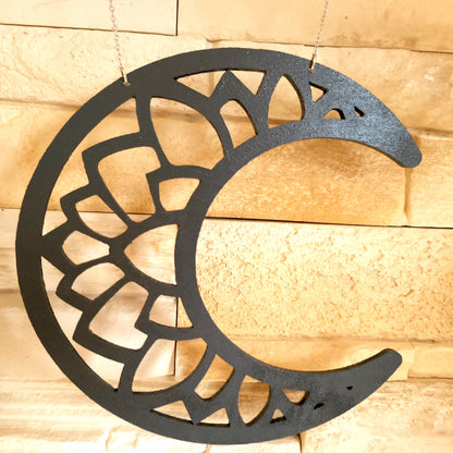 GRANDE SUSPENSION MURALE DE 5 PHASES DE LA LUNE + LOTUS SUR UNE BRANCHE D’ARBRE EN CADE - DÉCORATION ARTISANALE, UNIQUE & ORIGINALE