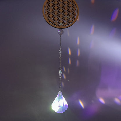 DÉCORATION SUNCATCHER 7 CHAKRAS EN PIERRES & FLEUR de VIE EN BOIS + MARGUERITE - ATTRAPE SOLEIL UNIQUE, ARTISANAL & ORIGINAL