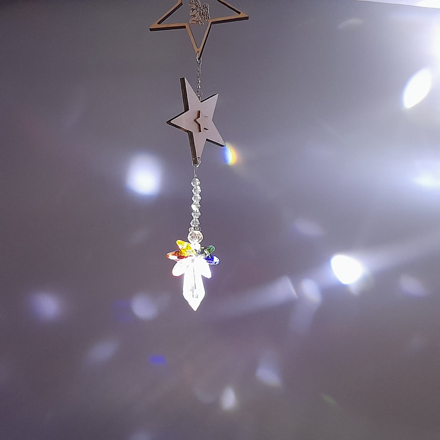 DÉCORATION SUNCATCHER ÉTOILES EN BOIS + ANGES 7 CHAKRAS - ATTRAPE SOLEIL UNIQUE, ARTISANAL & ORIGINAL