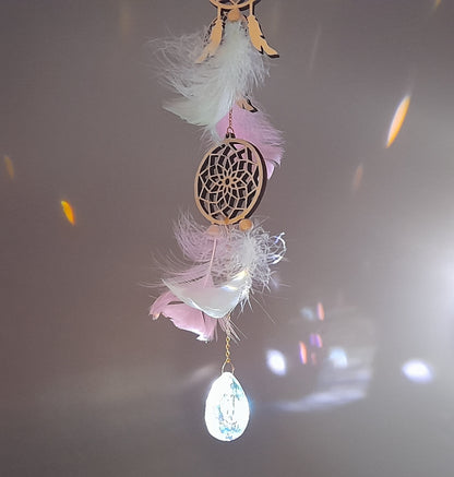 DÉCORATION " 2 EN 1 "  DREAMCATCHERS EN BOIS + SUNCATCHER TONS BLEUS ET ROSES - (ATTRAPE-RÊVES avec un ATTRAPE SOLEIL) UNIQUE, ARTISANAL & ORIGINAL