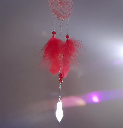 DÉCORATION " 2 EN 1 "  DREAMCATCHER + SUNCATCHER TONS ROUGES + PAPILLON - (ATTRAPE-RÊVES + SOLEIL) UNIQUE, ARTISANAL & ORIGINAL