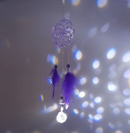 DÉCORATION " 2 EN 1 "  DREAMCATCHER + SUNCATCHER TONS VIOLETS MAUVES + ÉTOILE - (ATTRAPE-RÊVES avec un ATTRAPE SOLEIL) UNIQUE, ARTISANAL & ORIGINAL