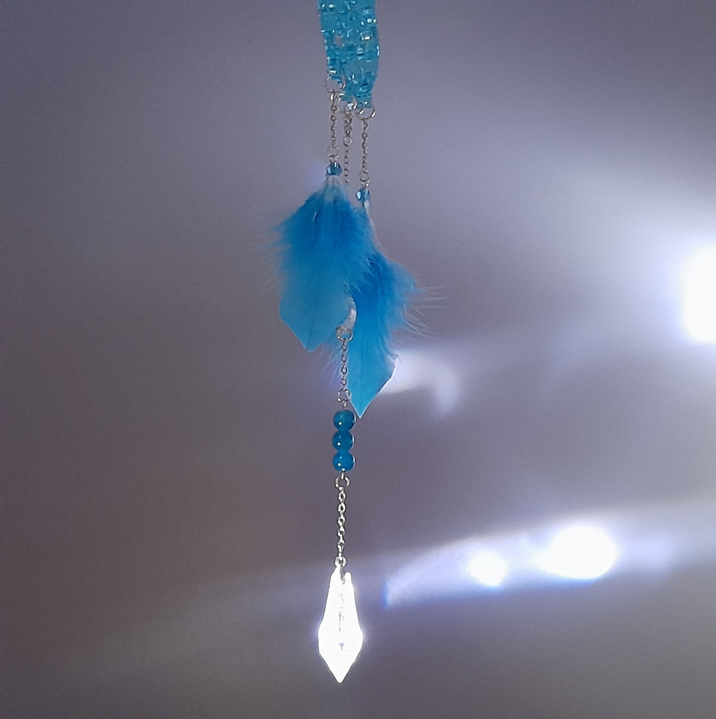 DÉCORATION " 2 EN 1 "  DREAMCATCHER + SUNCATCHER TONS BLEUS + PAPILLON - (ATTRAPE-RÊVES avec un ATTRAPE SOLEIL) UNIQUE, ARTISANAL & ORIGINAL