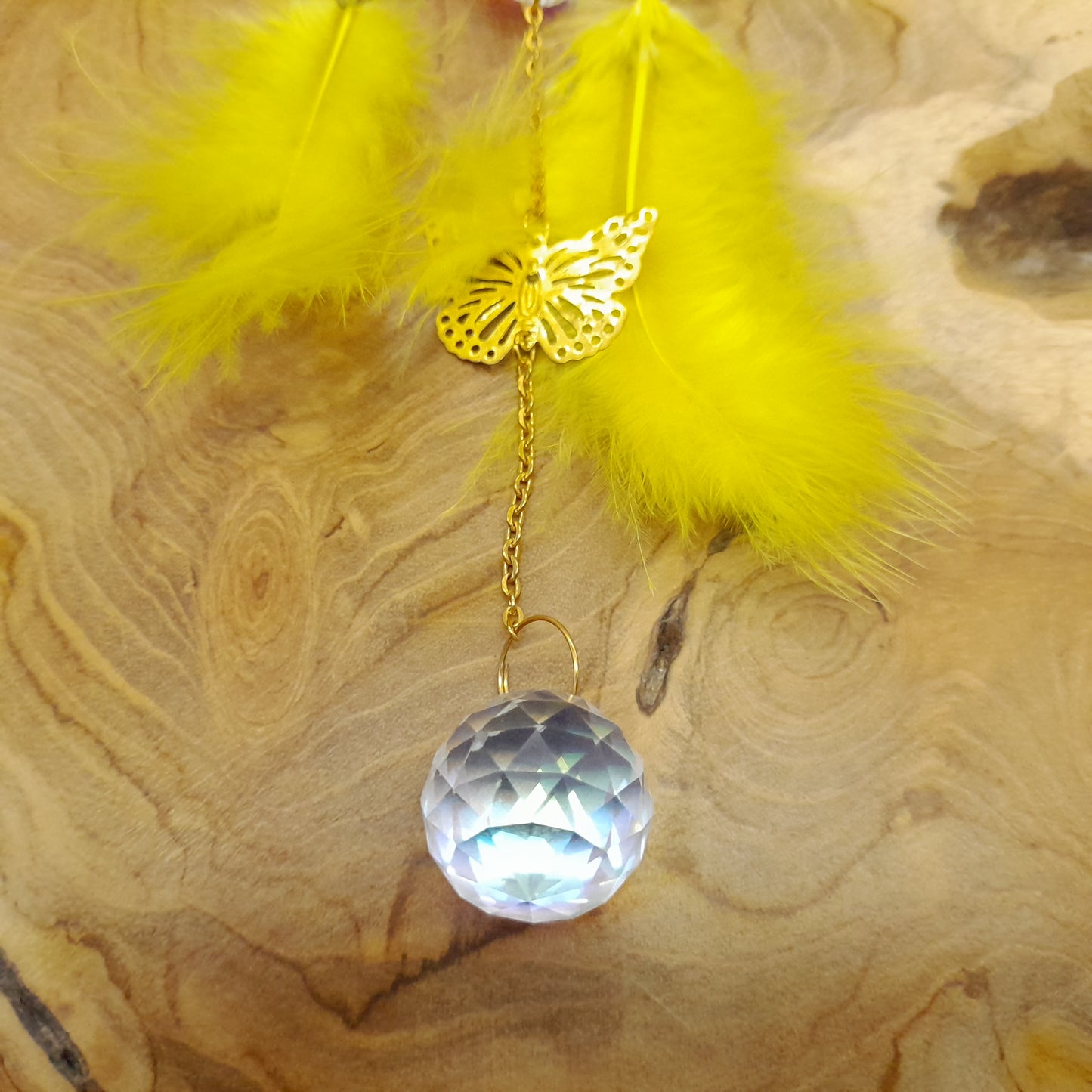 DÉCORATION " 2 EN 1 "  DREAMCATCHER + SUNCATCHER TONS DORÉS JAUNES + LOTUS + SOLEILS + PAPILLON - (ATTRAPE RÊVES + SOLEIL) UNIQUE, ARTISANAL & ORIGINAL