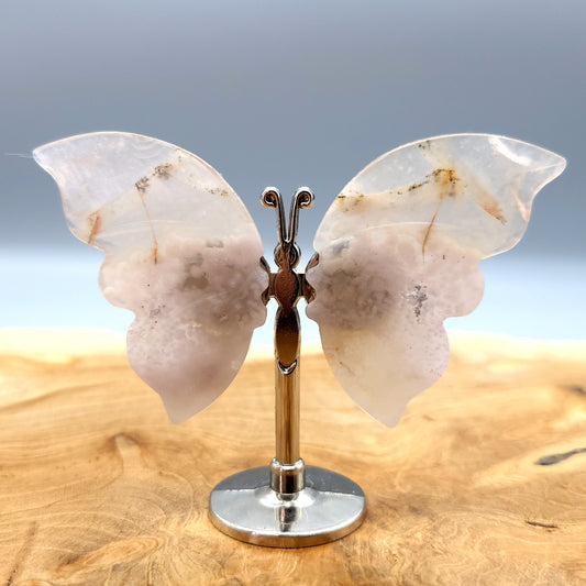 PAPILLON MOYEN EN PIERRE D' AGATE FLEUR N°8 SUR SOCLE EN MÉTAL - DÉCORATION ARTISANALE, ORIGINALE & UNIQUE