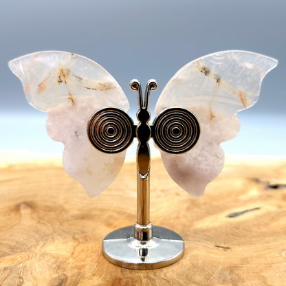 PAPILLON MOYEN EN PIERRE D' AGATE FLEUR N°8 SUR SOCLE EN MÉTAL - DÉCORATION ARTISANALE, ORIGINALE & UNIQUE