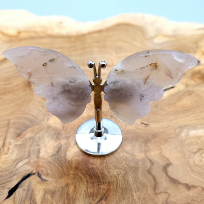 PAPILLON MOYEN EN PIERRE D' AGATE FLEUR N°8 SUR SOCLE EN MÉTAL - DÉCORATION ARTISANALE, ORIGINALE & UNIQUE