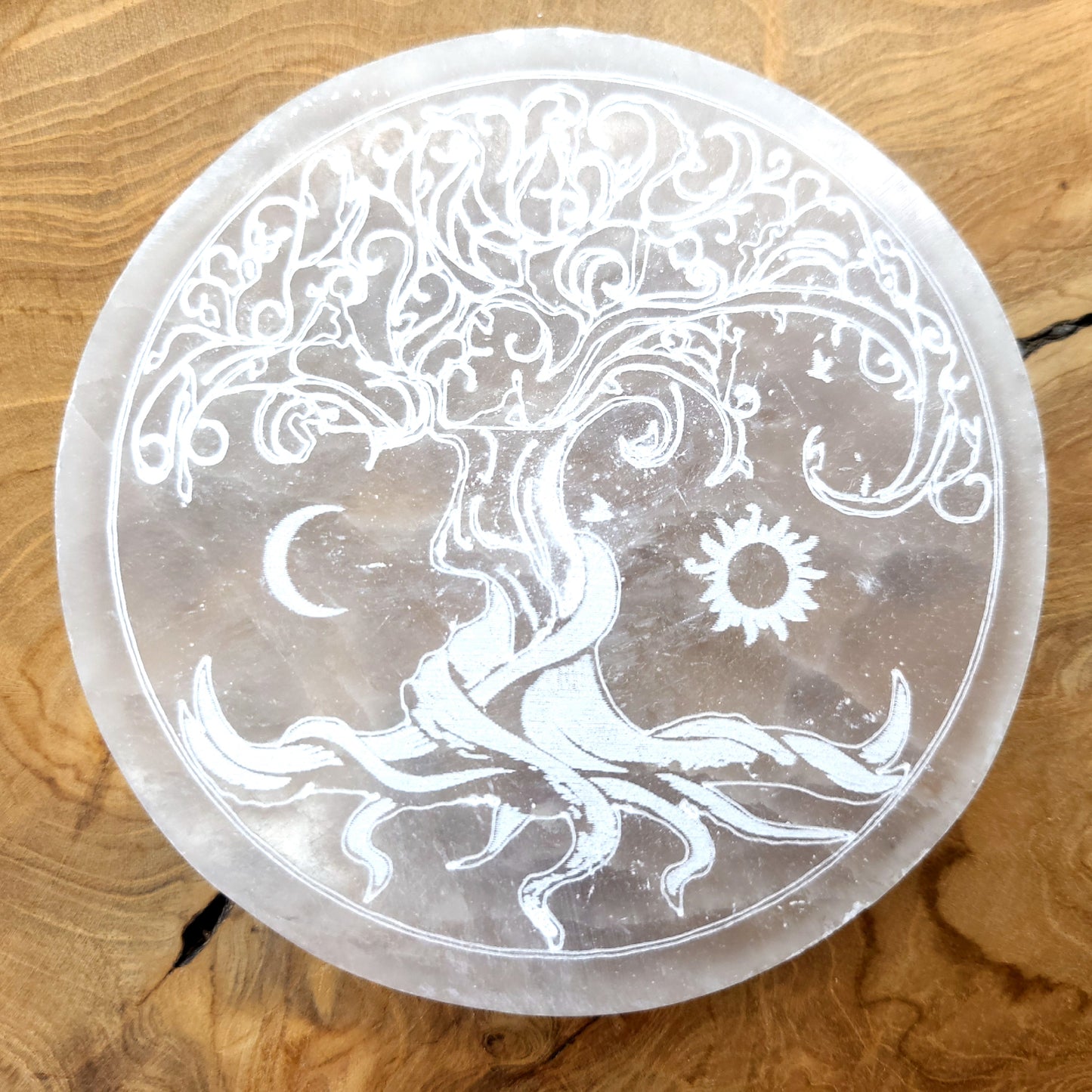 PLAQUE EN SÉLÉNITE GRAVÉE ARBRE de VIE + SOLEIL & LUNE - STATION DE RECHARGE - UNIQUE, ORIGINALE & ARTISANALE