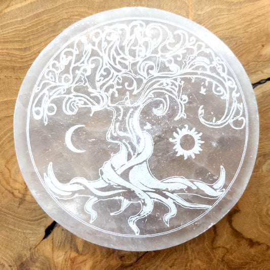 PLAQUE EN SÉLÉNITE GRAVÉE ARBRE de VIE + SOLEIL & LUNE - STATION DE RECHARGE - UNIQUE, ORIGINALE & ARTISANALE