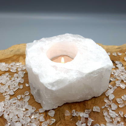 GRANDE SCULPTURE SUPPORT À BOUGIES EN QUARTZ BLANC - UNIQUE, ORIGINALE & ARTISANALE