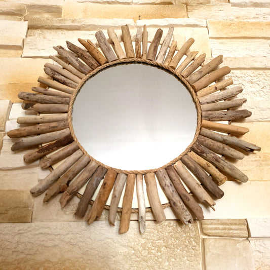 GRAND MIROIR SOLEIL EN RELIEF EN BOIS FLOTTÉ - MODÈLE N°1 - DÉCORATION UNIQUE, ORIGINALE et ARTISANALE