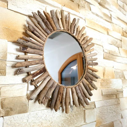 GRAND MIROIR SOLEIL EN RELIEF EN BOIS FLOTTÉ - MODÈLE N°1 - DÉCORATION UNIQUE, ORIGINALE et ARTISANALE