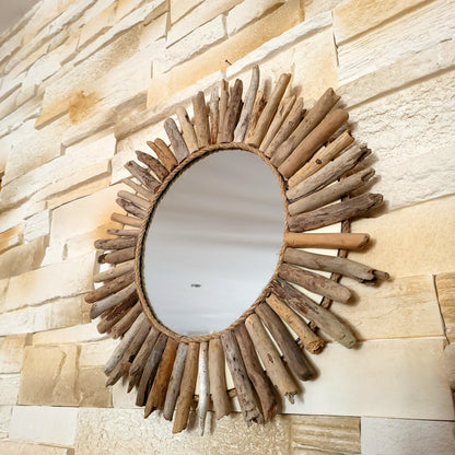 GRAND MIROIR SOLEIL EN RELIEF EN BOIS FLOTTÉ - MODÈLE N°1 - DÉCORATION UNIQUE, ORIGINALE et ARTISANALE