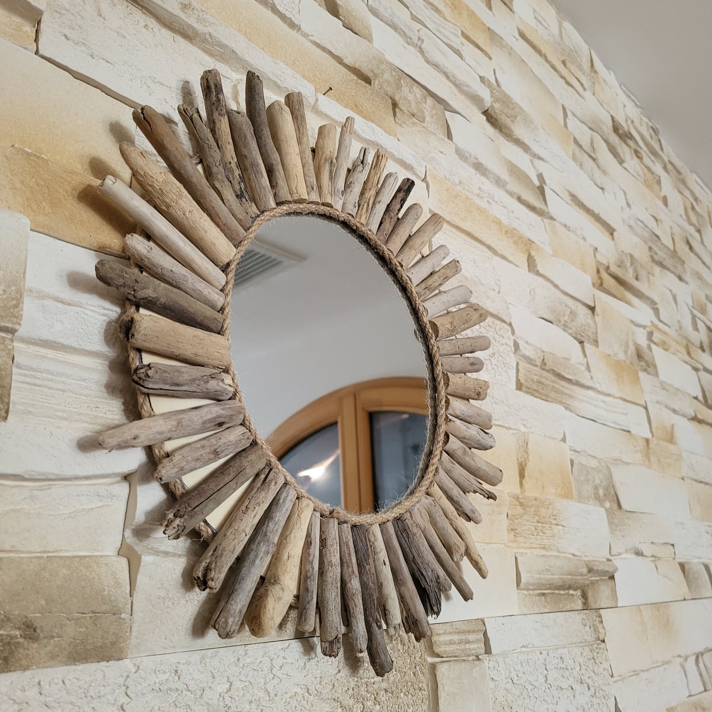 GRAND MIROIR SOLEIL EN RELIEF EN BOIS FLOTTÉ - MODÈLE N°2 - DÉCORATION UNIQUE, ORIGINALE et ARTISANALE