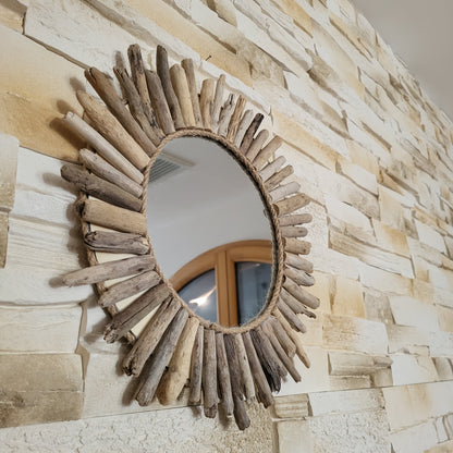 GRAND MIROIR SOLEIL EN RELIEF EN BOIS FLOTTÉ - MODÈLE N°2 - DÉCORATION UNIQUE, ORIGINALE et ARTISANALE