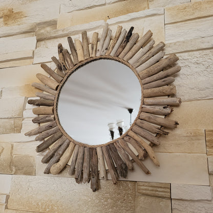 GRAND MIROIR SOLEIL EN RELIEF EN BOIS FLOTTÉ - MODÈLE N°2 - DÉCORATION UNIQUE, ORIGINALE et ARTISANALE