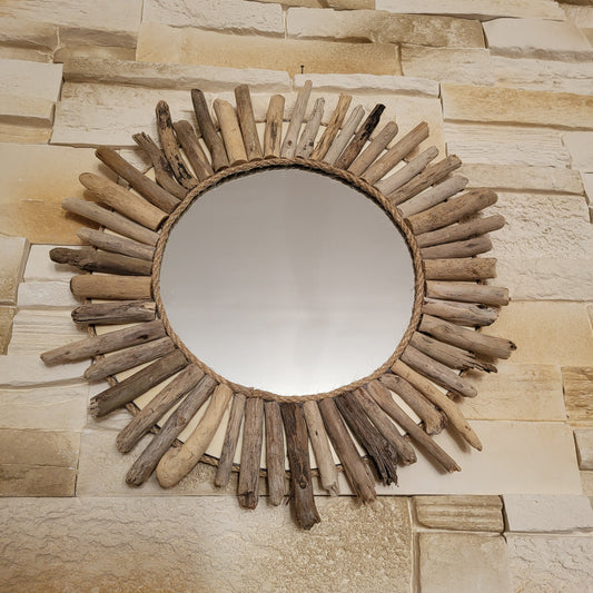 GRAND MIROIR SOLEIL EN RELIEF EN BOIS FLOTTÉ - MODÈLE N°2 - DÉCORATION UNIQUE, ORIGINALE et ARTISANALE