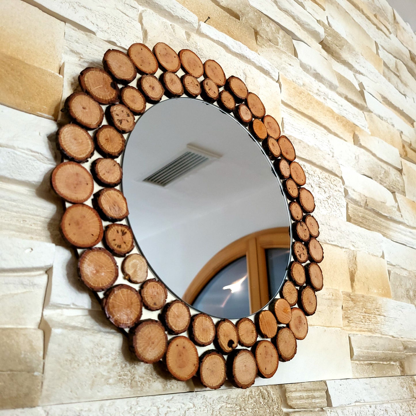 GRAND MIROIR EN RELIEF EN RONDINS DE BOIS - MODÈLE N°2 - DÉCORATION UNIQUE, ORIGINALE et ARTISANALE