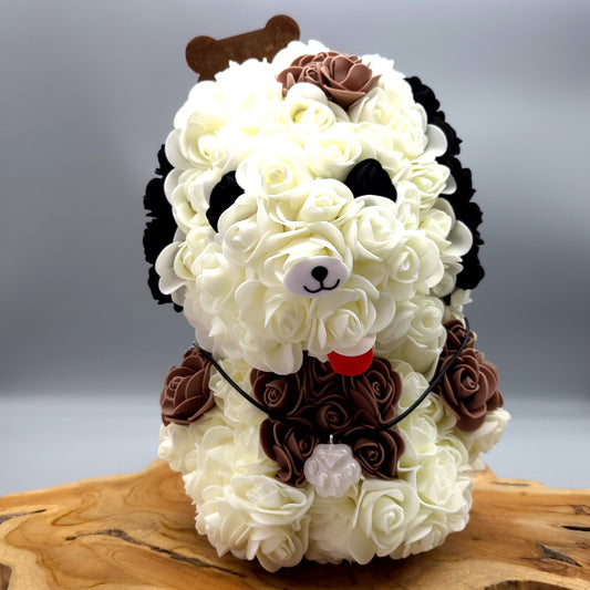 DÉCORATION " 2 EN 1 " CHIEN 3D BLANC, MARRON & NOIR + BIJOU COLLIER FANTAISIE - UNIQUE, ORIGINAL & ARTISANAL