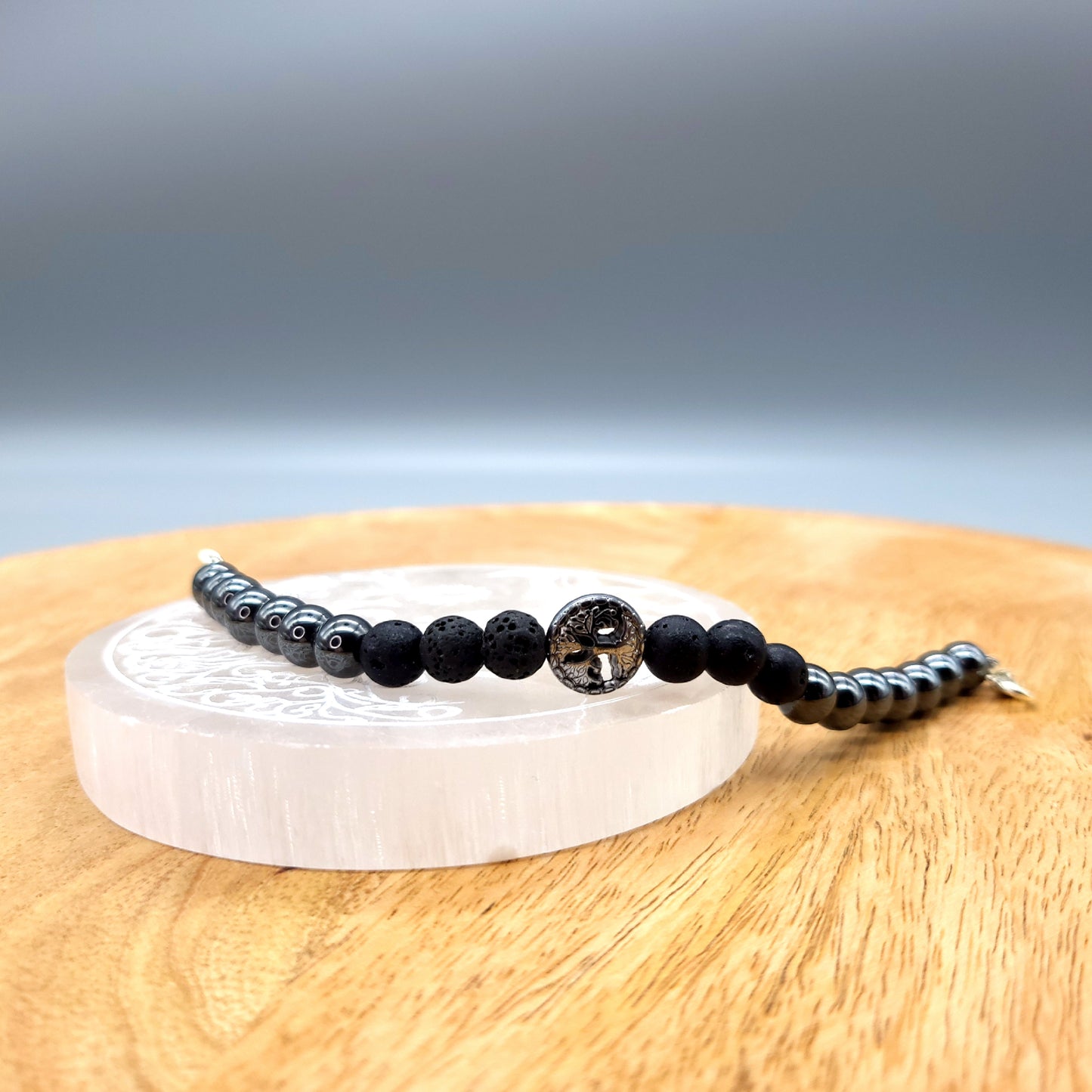 BRACELETS ARBRE DE VIE EN TRIO DE PERLES RONDES EN PIERRES HÉMATITE + PIERRE DE LAVE - 2 TAILLES AU CHOIX - BIJOUX ARTISANAUX, UNIQUES & ORIGINAUX