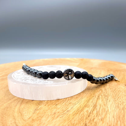 BRACELETS ARBRE DE VIE EN TRIO DE PERLES RONDES EN PIERRES HÉMATITE + PIERRE DE LAVE - 2 TAILLES AU CHOIX - BIJOUX ARTISANAUX, UNIQUES & ORIGINAUX