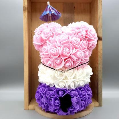 DÉCORATION " 2 EN 1 " OURSON 3D ROSE, VIOLET & BLANC + BIJOU COLLIER FANTAISIE - UNIQUE, ORIGINAL & ARTISANAL