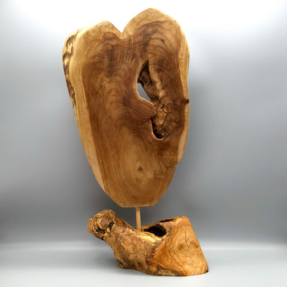 SCULPTURE "A COEUR OUVERT" EN TECK + SOCLE EN OLIVIER - UNIQUE, ARTISANALE & ORIGINALE