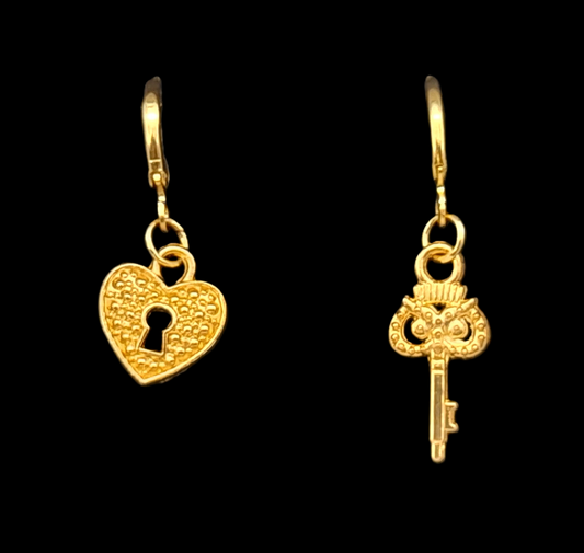 BOUCLES D'OREILLES DUO ORIGINAL COEUR ET SA CLÉ - BIJOUX FANTAISIES ORIGINAUX
