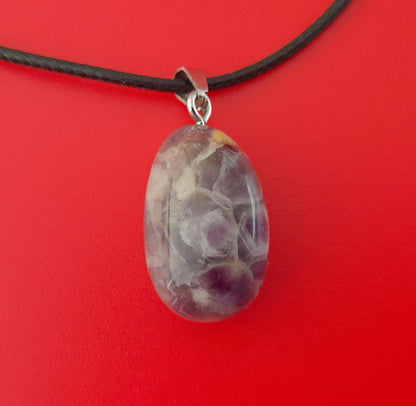 COLLIER + PENDENTIF GALET POLI EN PIERRE AMÉTHYSTE RUBANÉE - BIJOU ARTISANAL, UNIQUE & ORIGINAL