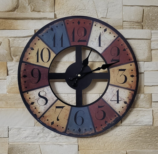 GRANDE HORLOGE MURALE RONDE " ROUE VINTAGE EFFETS ROUILLÉS EN BOIS " - DESIGN ORIGINAL