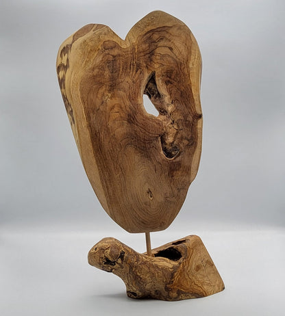 SCULPTURE "A COEUR OUVERT" EN TECK + SOCLE EN OLIVIER - UNIQUE, ARTISANALE & ORIGINALE