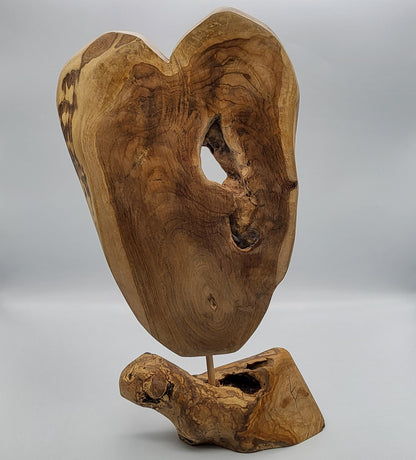 SCULPTURE "A COEUR OUVERT" EN TECK + SOCLE EN OLIVIER - UNIQUE, ARTISANALE & ORIGINALE