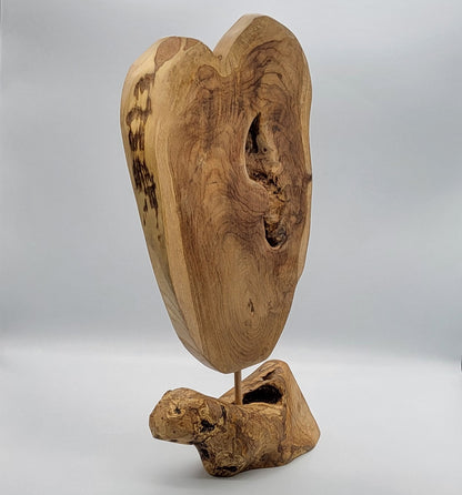 SCULPTURE "A COEUR OUVERT" EN TECK + SOCLE EN OLIVIER - UNIQUE, ARTISANALE & ORIGINALE
