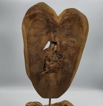 SCULPTURE "A COEUR OUVERT" EN TECK + SOCLE EN OLIVIER - UNIQUE, ARTISANALE & ORIGINALE