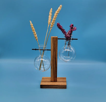 DÉCORATION DE 2 SOLIFLORES EN VERRE SUSPENDUS SUR SUPPORT EN BOIS - ARTISANALE, UNIQUE & ORIGINALE