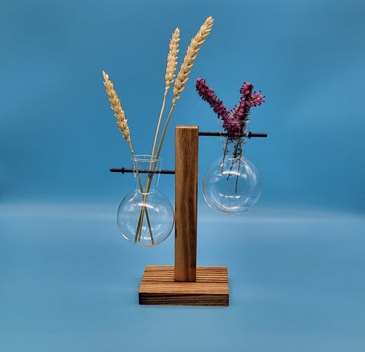 DÉCORATION DE 2 SOLIFLORES EN VERRE SUSPENDUS SUR SUPPORT EN BOIS - ARTISANALE, UNIQUE & ORIGINALE
