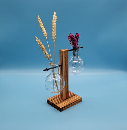 DÉCORATION DE 2 SOLIFLORES EN VERRE SUSPENDUS SUR SUPPORT EN BOIS - ARTISANALE, UNIQUE & ORIGINALE